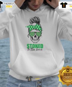 Happy stoned-to-the-bone skull hoodie with messy bun design, perfect for cannabis enthusiasts and casual wear.