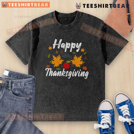 Happy Thanksgiving washed t-shirt featuring festive graphics and warm colors, perfect for holiday celebrations.