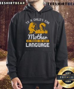 Happy child wearing 'Mother Is Magic In Any Language' hoodie, showcasing joy and love in a vibrant, colorful setting.