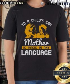 Happy mother and child sharing a magical moment, showcasing 'Magic in Any Language' ladies tee design.
