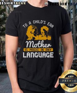 Happy child wearing 'Mother Is Magic In Any Language' T-shirt, showcasing love and joy in a colorful design.