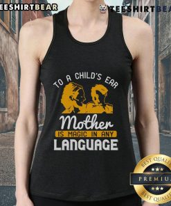 Happy child listening to mother, wearing 'Magic in Any Language' tank top, showcasing love and connection in family.