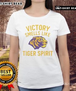 Alt Text: Happy Victory Smells Like Tiger Spirit ladies tee featuring a vibrant design celebrating team spirit and triumph.