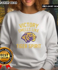 Happy Victory Smells Like Tiger Spirit sweatshirt featuring vibrant colors and a bold design for stylish, spirited fans.