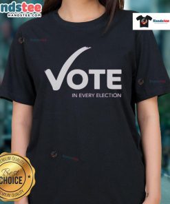 Alt Text: Happy Womens Fund of Omaha Vote In Every Election ladies tee featuring vibrant design promoting women's empowerment.