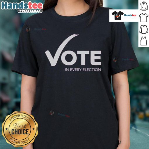 Alt Text: Happy Womens Fund of Omaha Vote In Every Election ladies tee featuring vibrant design promoting women's empowerment.