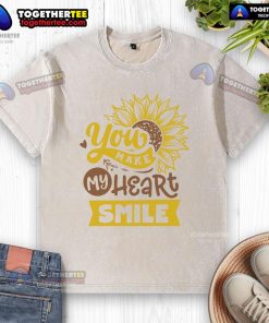 Happy You Make My Heart Smile Sunflower washed t-shirt design featuring a vibrant sunflower graphic on a soft fabric.