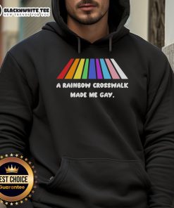Colorful 'Hot A Rainbow Crosswalk Made Me Gay' hoodie displayed on a mannequin, celebrating LGBTQ+ pride and diversity.