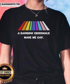 Colorful Hot-A-Rainbow-Crosswalk-Made-Me-Gay-Ladies-Tee design showcasing vibrant rainbow colors on a stylish t-shirt.
