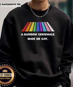 Colorful Hot-A-Rainbow-Crosswalk-Made-Me-Gay sweatshirt displayed on a model, celebrating LGBTQ+ pride and style.