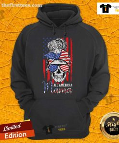 Alt Text: Hot All American Mama hoodie featuring a USA flag design, messy bun skull, perfect for 4th of July celebrations.