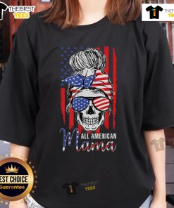 Hot All American Mama USA flag messy bun skull mom tee for 4th of July celebration, perfect for patriotic women.