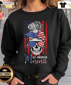 Alt Text: Stylish 'Hot All American Mama' sweatshirt featuring USA flag, messy bun skull design, perfect for 4th of July celebrations.