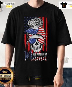 Alt Text: Hot All American Mama USA Flag Messy Bun Skull Mom 4th of July T-Shirt design featuring a patriotic graphic.