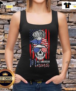 Hot All American Mama tank top with USA flag, messy bun, and skull design for 4th of July celebrations.