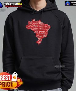 Protestor wearing a 'Hot Brazil Not America' hoodie at an anti-Trump rally, showcasing political dissent and activism.