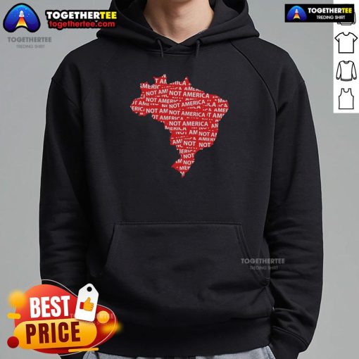 Protestor wearing a 'Hot Brazil Not America' hoodie at an anti-Trump rally, showcasing political dissent and activism.