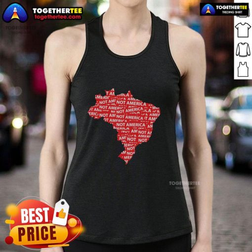 Protestor wearing 'Hot Brazil Not America' tank top at anti-Trump rally, highlighting political dissent and activism.