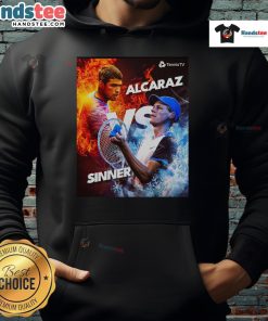 Hot Carlos Alcaraz vs Jannik Sinner tennis graphic hoodie showcasing fire vs ice design, perfect for tennis fans.
