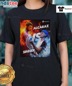 Hot Carlos Alcaraz vs Jannik Sinner tennis graphic on a ladies tee, showcasing fire vs ice theme in vibrant colors.