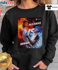 Alt Text: Hot Carlos Alcaraz vs Jannik Sinner tennis graphic sweatshirt featuring fire and ice design for fans.