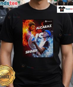 Hot Carlos Alcaraz vs Jannik Sinner graphic T-shirt featuring a fire and ice design, perfect for tennis fans.