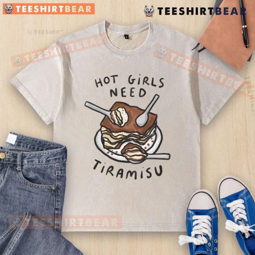 Hot girls in trendy outfits enjoying tiramisu, showcasing a love for Italian dessert on a stylish washed t-shirt.