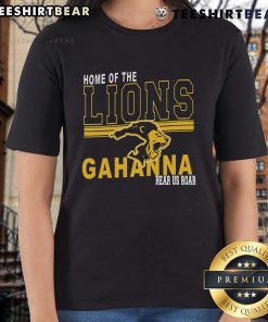 Hot home of the Lions Gahanna Hear Us Roar ladies tee shirt displayed on a wooden background, showcasing vibrant design.