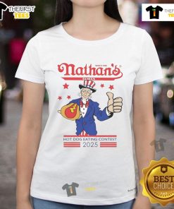 Hot Nathan's Famous Hot Dog Eating Contest 4th of July 2025 Ladies Tee featuring vibrant graphics and patriotic design.