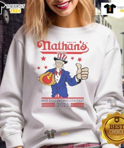Alt Text: Hot Nathan's Famous Hot Dog Eating Contest 4th of July 2025 sweatshirt featuring vibrant patriotic design.
