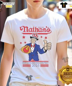 Hot Nathan's Famous Hot Dog Eating Contest 4th of July 2025 T-Shirt featuring a vibrant design and festive colors.