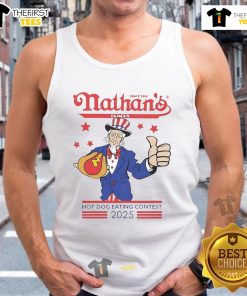 Contestant at Nathan's Famous Hot Dog Eating Contest 2025 wearing a tank top, celebrating 4th of July with enthusiasm.