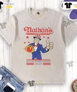 Nathan's Famous Hot Dog Eating Contest 4th of July 2025, featuring a celebratory washed t-shirt design.