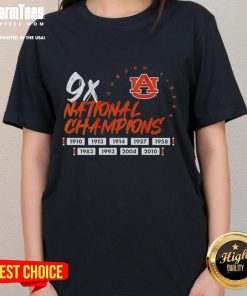 Alt Text: Auburn Tigers Football Logo Ladies Tee celebrating nine-time national champions, perfect for fans and casual wear.