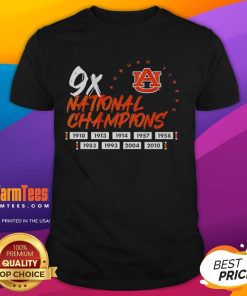 Hot Nine Time National Champions Auburn Tigers Football Logo T-Shirt featuring iconic team logo and championship details.