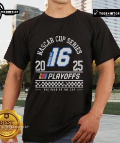 Alt Text: Hot Round Of 16 2025 NASCAR Cup Series Playoffs checkered t-shirt featuring vibrant graphics and racing theme.