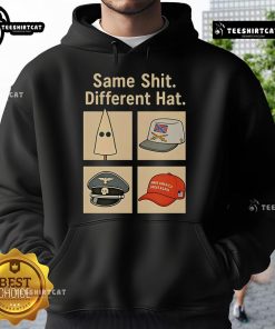 Vintage anti-Trump hoodie featuring 'Hot Same Shit Different Hat' slogan, perfect for political activism and casual wear.