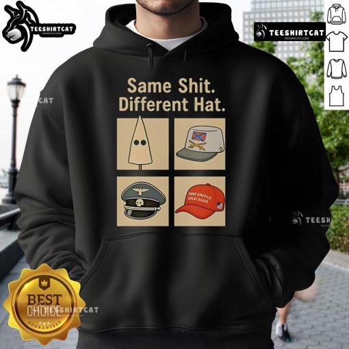 Vintage anti-Trump hoodie featuring 'Hot Same Shit Different Hat' slogan, perfect for political activism and casual wear.