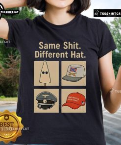 Vintage anti-Trump ladies tee featuring 'Hot Same Shit Different Hat' slogan in bold lettering on a stylish shirt.