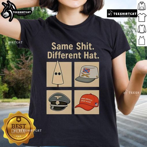 Vintage anti-Trump ladies tee featuring 'Hot Same Shit Different Hat' slogan in bold lettering on a stylish shirt.