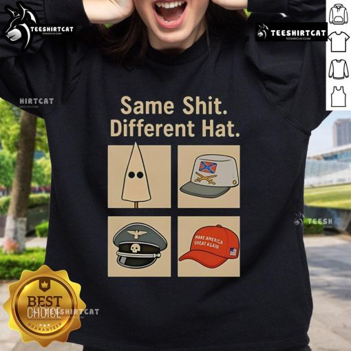 Vintage Anti-Trump sweatshirt featuring 'Hot Same Shit Different Hat' slogan, perfect for political statement wear.