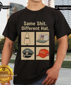 Alt Text: Vintage Anti-Trump T-Shirt featuring Hot Same Shit Different Hat slogan in bold, colorful typography.