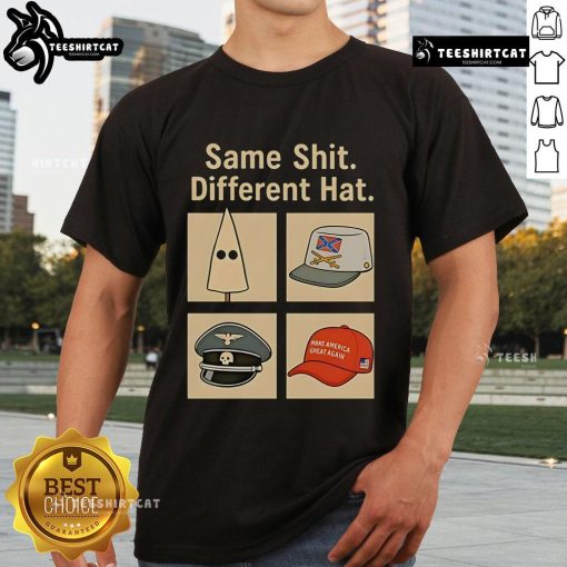Alt Text: Vintage Anti-Trump T-Shirt featuring Hot Same Shit Different Hat slogan in bold, colorful typography.