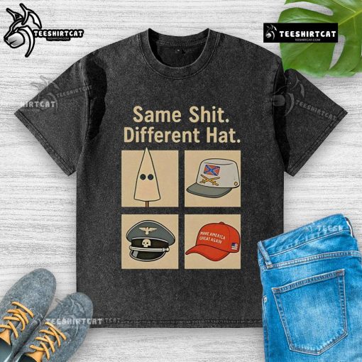 Vintage anti-Trump washed t-shirt featuring 'Hot Same Shit Different Hat' slogan, perfect for expressing political views.