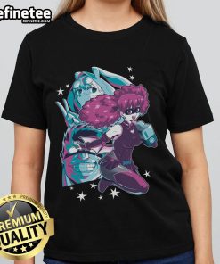 Alt Text: Retro anime ladies tee featuring vibrant vaporwave graphics of hot singing heroes in a stylish design.
