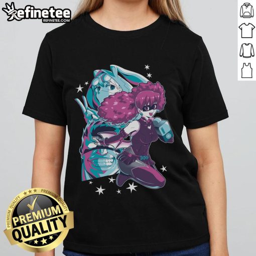 Alt Text: Retro anime ladies tee featuring vibrant vaporwave graphics of hot singing heroes in a stylish design.