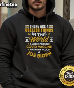 Alt Text: Woke person wearing a 'Covid Vaccine' hoodie, highlighting 4 useless things in the world with a humorous twist.