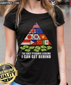 Hot Trump Tariff Pyramid Scheme ladies tee showcasing a humorous design about tariffs and pyramid schemes.