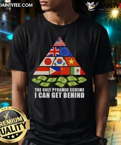 Hot Trump Tariff Pyramid Scheme T-Shirt featuring bold graphics and witty text for political satire enthusiasts.