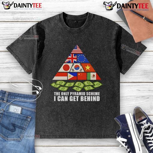 Hot Trump Tariff Pyramid Scheme T-Shirt showcasing a humorous design about tariffs and pyramid schemes.